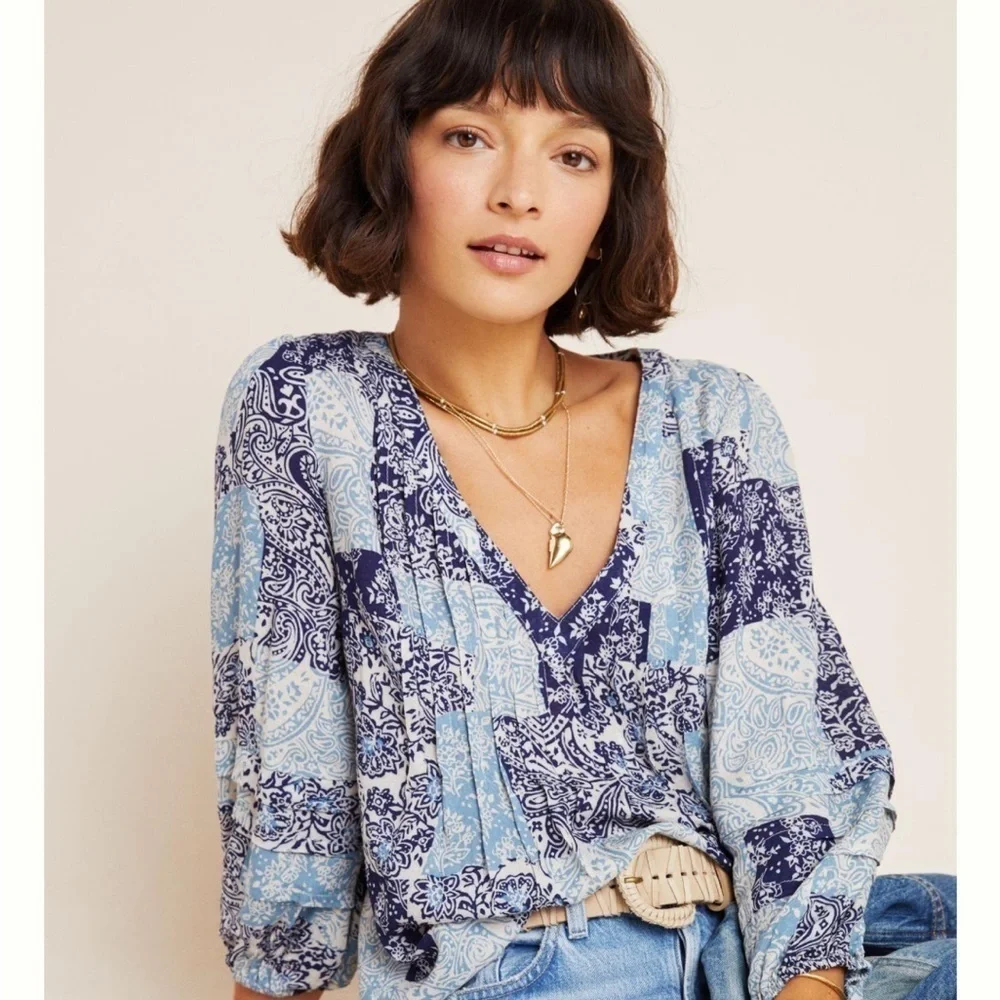 Maeve Cathy Pleated Blouse Size M Blue Paisley Boho Puff Sleeve Hippie‎